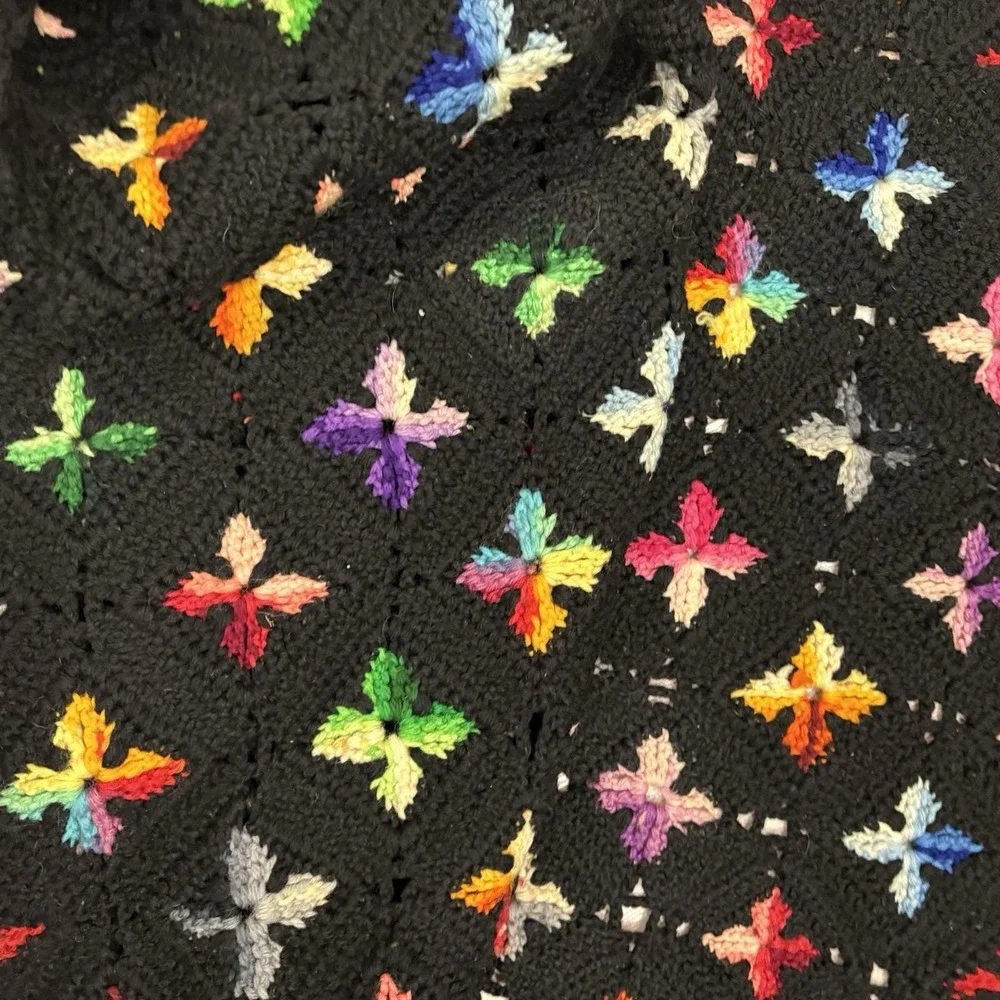 Vintage Handmade Granny Square Afghan Black Multicolor Crochet Throw